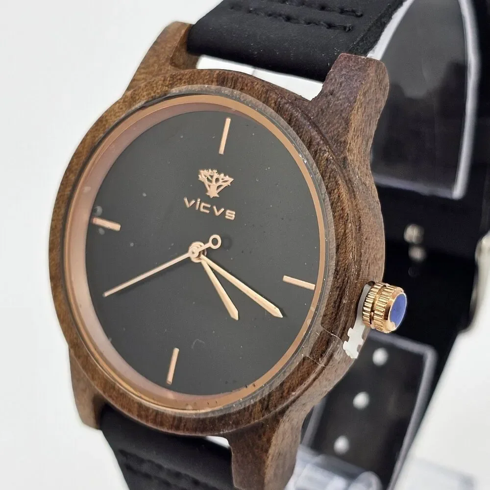 VICVS‎ Men's Wood Watch 40MM Black Dial Black Leather Bands New Battery